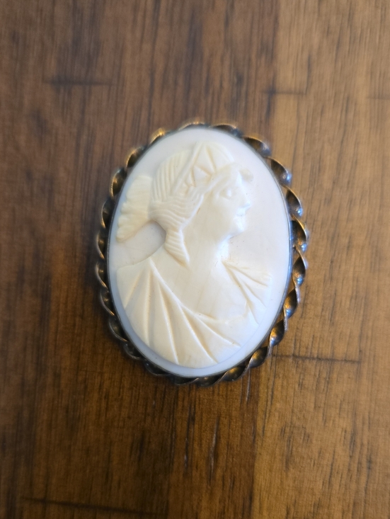 Jewelry - Carved Cameo Brooch in Cream and Brass-Tone